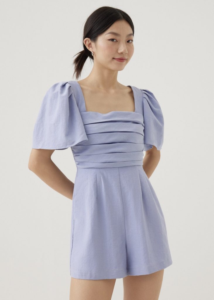 Love BonitoJia Pleated Flare Sleeve Romper in Periwinkle