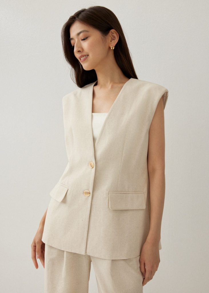 Love BonitoZilla Shoulder Padded Linen Vest in Beige