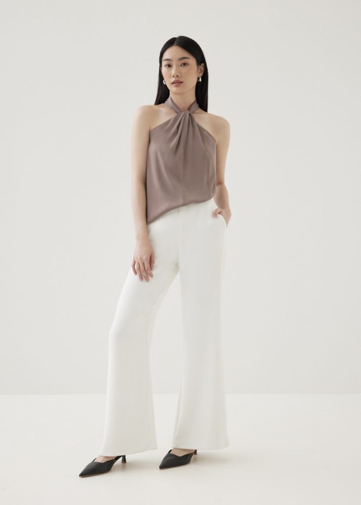 Love BonitoNevelle Satin Twist Halter Top in Taupe