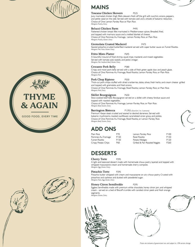 B Thyme Menu