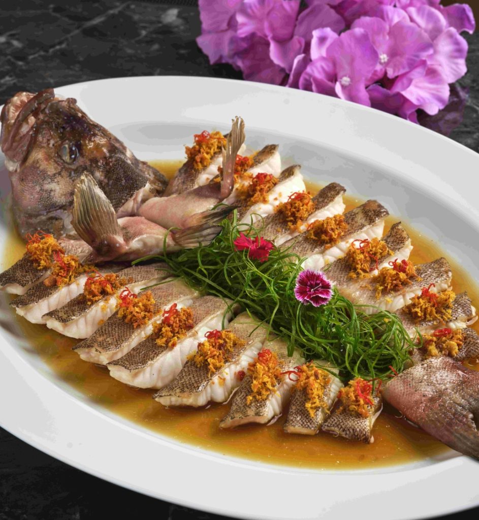 1. Steamed Spotted Grouper with Ginger and Soybean Crisp