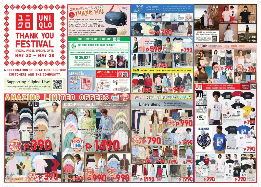 A Festival of Gratitude: UNIQLO Says Thank You With Exclusive Offers and More 2 2 Over 50 LifeWear items at special prices%E2%80%94starting at just PHP 390. Includes favorites like the Crew Neck Short Sleeve T%E2%80%91Shirt and kids AIRism Cotton plus first time deals on premium staples